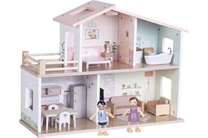 Introductory Offer - Jumini Wooden Dolls House – Modern Open Plan Dollhouse with 2 Dolls & 15 Furniture Accessories, Compact Sustainable Toy for Kids 3+