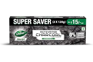 DABUR Herb'L Activated Charcoal Toothpaste 240G (120G x2, Pack of 2)|Whitening Black Gel Toothpaste|Fluoride Free|Fights Plaque & Extrinsic Stains|With Power of Mint|Cool & Refreshing Mouth Experience