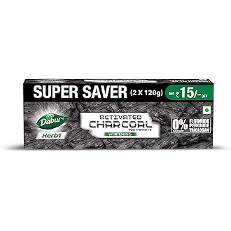 DABUR Herb'L Activated Charcoal Toothpaste 240G (120G x2, Pack of 2) | Whitening Black Gel Toothpaste | Fluoride Free | Fights Plaque & Extrinsic Stai
