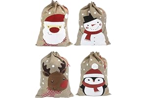 HOOIN Sacs de Noël moyens (35x50cm) - Paquet de 4 sacs cadeaux avec cordon de serrage pour friandises de Noël 4 modèles Santa Snowman Renne Pingouin