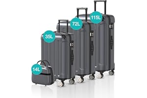 Voyagoux Kofferset 4 teilig - 14L, 35L, 72L, 115L, Hartschalenkoffer set, TSA-Schloss, ABS, 4X 360° Rollen, Robust und Leichtgewicht Suitcase, Dunkelgrau
