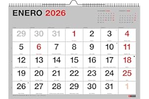 Miquelrius - Calendario 2026 de pared Basic, Con números grandes, Organizador anual A3: 420 x 296 mm, Con espacio para anotar, Encuadernación espiral doble, Planificador 12 meses, Español