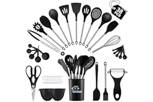 38 Pieces Kitchen Utensils Set, BEWOS Silicone Cooking Utensils Set with Spatula, Utensil Holder and Measuring Spoons, Nonstick Heat Resistant, Black Kitchen Gadgets, Stainless Steel Handle