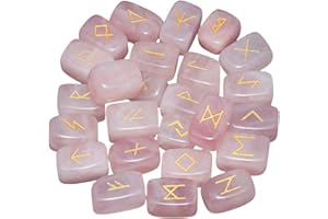 mookaitedecor 25 Pièces Quartz Rose Runes Divinatoires Pierres Poli Roulée Gravée Cristal pour Reiki Guérison Décoration