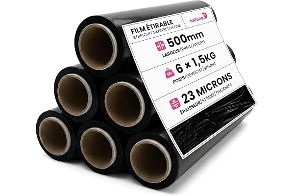 Netuno 6 rouleaux de film étirable noir 23 microns 500mm 1,5kg film pour palettes emballage étirable rouleau de plastique extensible pour emballer colis protection plastique emballage déménagement