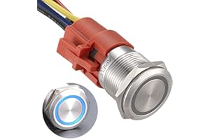 APIELE Interruptor de presión de bloqueo de 19 mm, 12 VDC, 5 A,de acero inoxidable con anillo de iluminación LED, impermeable, con enchufe precableado (azul)