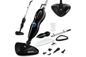 ZEEGMA Puur mop parowy, funkcja myjki, regulacja strumienia pary, 19 ml/min, moc 1500 W, przewód 5 m, 2 filtry i 7 wymiennych końcówek w zestawie, wyjmowany zbiornik na wodę 370 ml