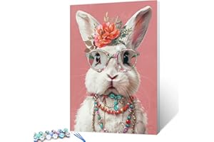 TUCOCOO Lindo conejo con cabeza de flor, pintura por números para adultos, conejito blanco, pintura por números, pintura acrílica, decoración de lienzo, ilustraciones abstractas, kits de pintura, arte para el