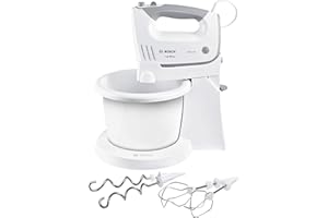 ‎BOSCH HAUSGERÄTE Bosch, Mikser ręczny, ErgoMixx, 500 Watt, 5 stopni prędkości i funkcja turbo, stojak z automatycznie obracającą się misą, haki do ciasta, biały, MFQ36460
