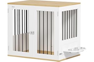 PawHut Jaula para Perros Medianos 2 en 1 Mesa Auxiliar con 2 Puertas con Pestillo Comedero Giratorio de 360° 2 Cuencos y Almohadillas Antideslizantes 80x55x71,5 cm Blanco