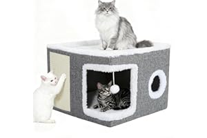7VSTOHS Casa para Gatos Interior Cama para Mascotas,Casa Grande De 2 Plantas con Tablero De Rascar y Bola Mullida,Plegable Cueva y Refugio Suave Cojín Moderno Multifunctional Gris