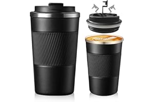 Senshuomy Travel Mug, Insulated Coffee Cup with Leakproof Lid, Reusable Coffee Cups Travel Cup, Stainless Steel thermaol Mug for Hot Cold Drinks (Black 380ml)
