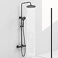 Acezanble Thermostatic Shower Mixer Set Matte Black, Round 38 °C Thermostat Shower System with 20cm Rainfall Shower Head, Handheld Shower, Anti Scald Shower Mixer Bar Kit, Adjustable Height