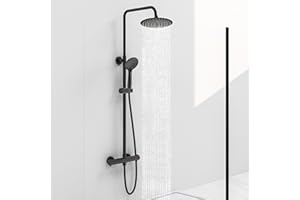Acezanble Thermostatic Shower Mixer Set Matte Black, Round 38 °C Thermostat Shower System with 20cm Rainfall Shower Head, Handheld Shower, Anti Scald Shower Mixer Bar Kit, Adjustable Height