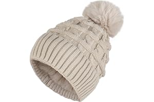Sibba Bonnet d'hiver à pompon pour femme avec doublure en polaire thermique avec pompon en fausse fourrure