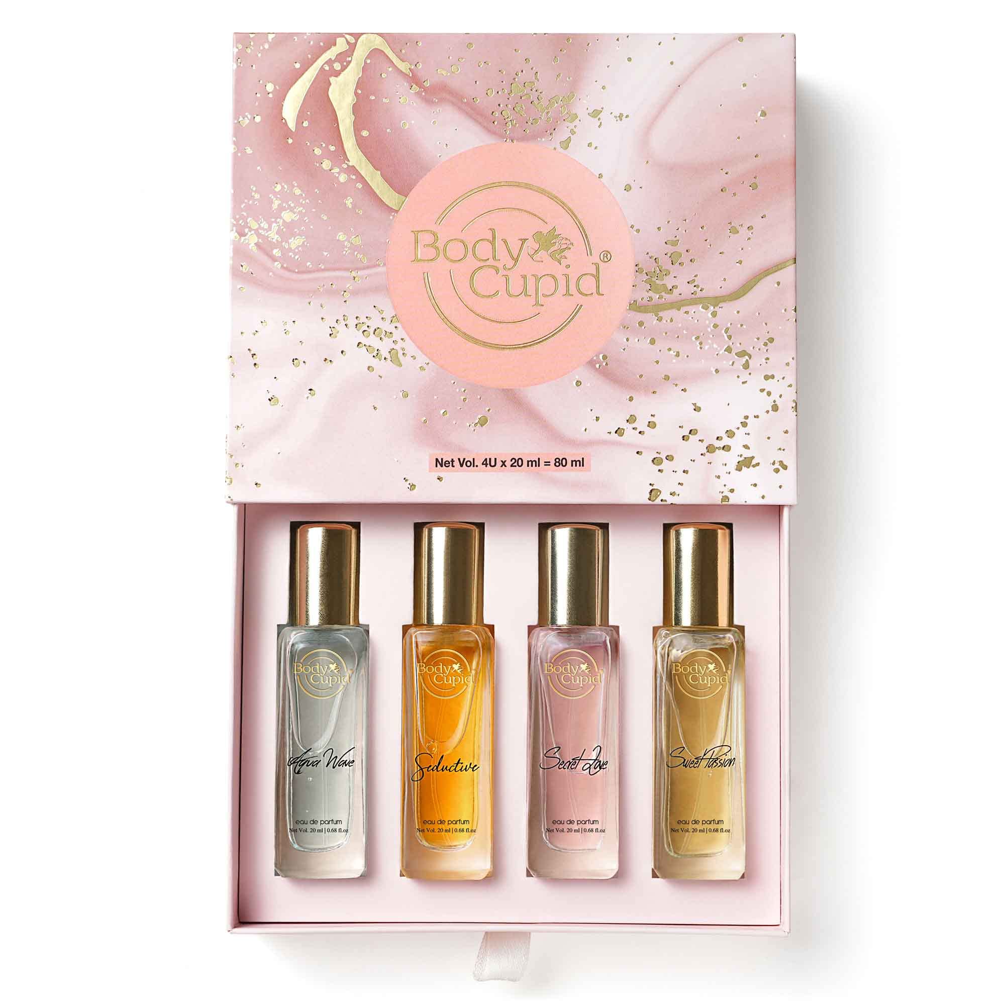 BODY CUPID Luxury Perfume Gift Set For Women 4X20 Ml, Long Lasting Premium Fragrances, Aqua Wave, Secret Love, Seductive, Swe