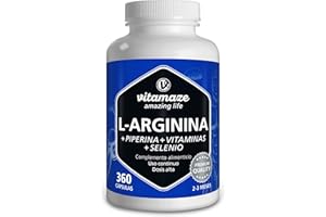 VITAMAZE - AMAZING LIFE L Arginina 4500mg + Acido Fólico, Selenio, Piperina y Vitaminas B6, B12-360 Cápsulas de L-Arginina Pura para Rendimiento Físico - Sin Aditivos Innecesarios, Calidad Alemana
