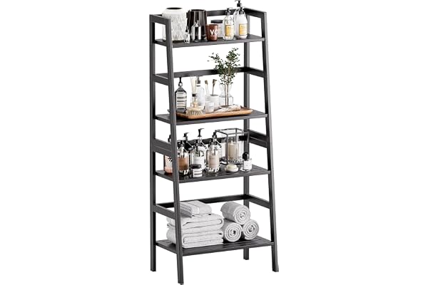 HITNET stege bokhylla, 4 nivåer bambu lutande bokhylla badrum förvaring arrangör enhet, blomma växt display stativ rack för litet utrymme