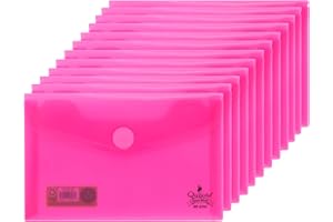Quijote Paper World Lot de 12 enveloppes en plastique rose - Packs chemises en plastique, fermeture velcro, pour classement, classement et transport à l'école, au bureau ou à l'université - 15 x 9,5