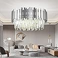 Luxury E14 Crystal Chandelier,2 in 1 Chandeliers Ceiling Light,Gold Ceiling Lights Living Room,Round Lampshades 3 Tiers K9 Crystals Pendant Light (55 * 55 Cm Silver)