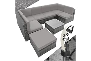tectake XXL Polyrattan Lounge, Garden Furniture Set, Balcony Furniture with 6 Seats, 1 Table, 1 Stool, Includes Seat Cushion, Garden Lounge Outdoor, Weatherproof, for Garden, Balcony, Patio - Grey