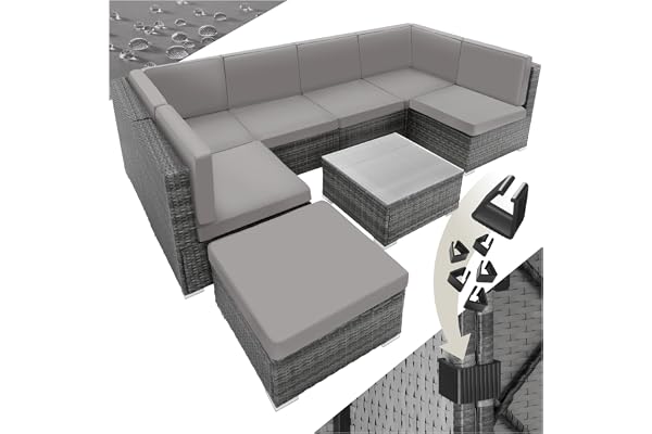 tectake Salon de Jardin en Rotin Salon de Jardin Modulable Confortable, Lounge en rotin, Meubles de Jardin, Canapé Ensemble: 6 Fauteuil 1 Tabouret Pouf 1 Table - Gris