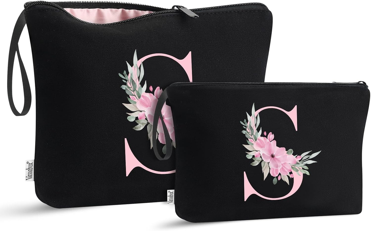 Vavabox 2 Pcs Initial Toiletry Bags Set,Birthday Gifts for Women,Travel Portable Toiletry Bag with Handle (S, Black)