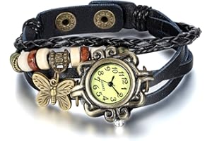 JewelryWe Damen Armbanduhr, Retro Vintage Analog Quarz Uhr mit Schmetterling Beads Kugeln Charm Leder Armkette Armband, 5