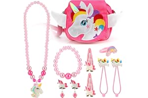 Hifot Bijoux Enfants Filles Licorne Sac à Main Collier Bracelet Boucles d'oreilles Bague Pinces Cheveux élastique Set, Princesse Bijoux Cadeaux Set fête Déguisement Accessoire