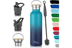 ‎MILU Milu Edelstahl Trinkflasche 500ml, 750ml, 1L (+3 Deckel) - Thermosflasche mit Strohhalm, Isolierte Wasserflasche, Auslaufsichere Isolierflasche doppelwandig, Kohlensäure geeignet (Grün Blau, 750ml)