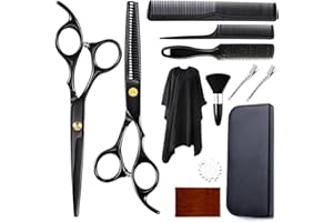 AUROBEST Juego 12 Piezas Kit Tijeras Peluqueria con Peine, Capa, Clip, Tijeras Corte Pelo Salón Profesional, Tijeras Entresacar Acero Inoxidable, Cortar Cabello Hogar para Mujeres, Hombres, Niños (Negro)
