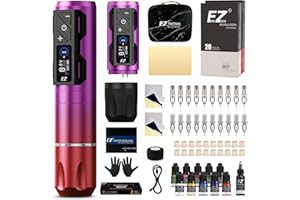 EZ TATTOO EZ Kit de Tatuaje - Kit de Máquina de Tatuar con Máquina de Tatuar Inalámbrica, Batería de Alimentación de 1800mAh, 20piezas Agujas Tatuaje y 11 Color Tintas para Tatuadores (P2S Pro Violeta Rosa)