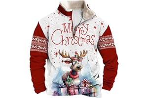 GENERIC Christmas Jumpers for Men UK 1/4 Zip Fleece Xmas Printed Pullover Sweatshirt Long Sleeve Stand Collar Funny Jumper Plus Size Soft Comfortable Ugly Tops Warm Christmas Outfits