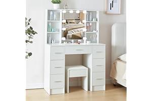 Aovquof Dressing Table with LED Lighting Mirror, Vanity Table with 3 Light Colors, Adjustable Brightness, Makeup Desk with 7 Drawers and 8 Shelves, Silver Handle, 140×100×40cm