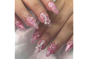 MouyouGlow Press on Nails krótkie paznokcie, różowy migdałowy, diament z gwiazdkami, wisiorek w kształcie motyla, sztuczne paznokcie z klejem do paznokci, różowe kryształowe gwiazdki Y2k sztuczne
