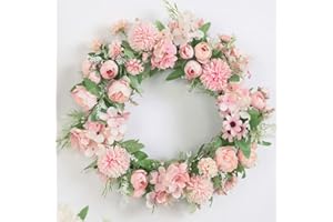 ‎SUREH SUREH Künstlicher rosa Hortensien und Pfingstrosen, Frühlingskranz aus Seide, Pfingstrose, Kranz mit grünen Blättern, Willkommens-Haustür-Kranz für Hochzeit, Wand, Heimdekoration, 39,9 cm