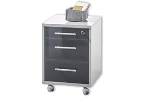 Stella Trading Office Lux Caisson sur roulettes verrouillable, Gris avec devanture en Verre laqué Graphite - Meuble de Bureau Mobile avec 3 tiroirs - Set Complet Moderne - 40 x 56 x 40 cm (l/h/p)