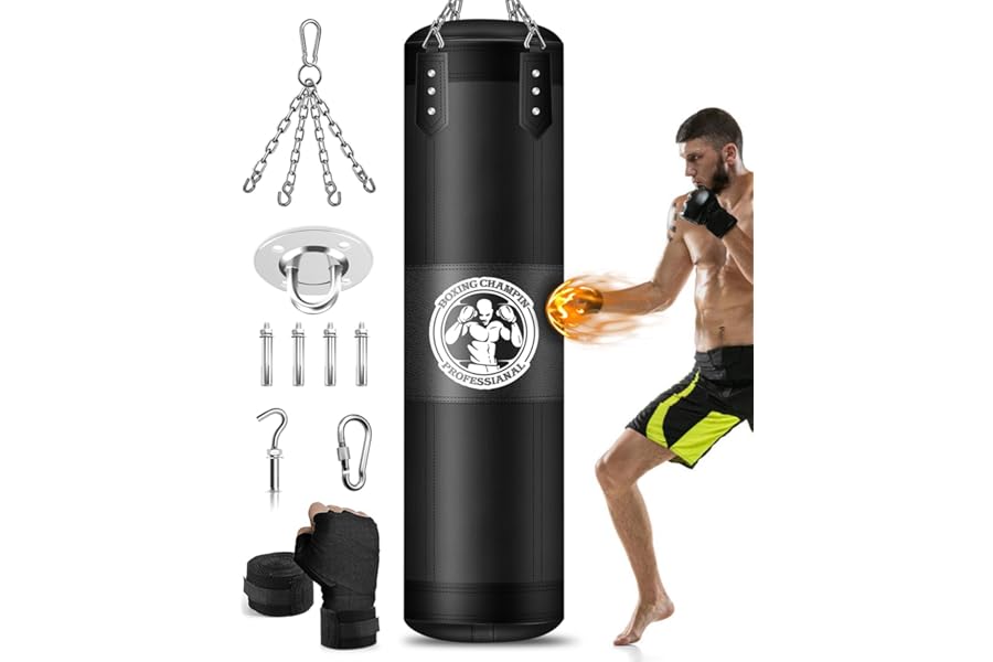 Punching Bag for Kids Adults, Heavy Boxing Bags with Chain Ceiling Hook, Hanging Boxing Bag for Kickboxing Muay Thai Karate Judo Taekwondo Home Gym Training, Unfilled