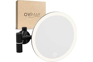 ‎OVIMAR ovimar Kosmetikspiegel Leinoya | mit Beleuchtung | wiederaufladbar | Wandmontage zum Bohren | im Badezimmer | 5fach Vergrößerungsspiegel | Schminkspiegel mit Licht | 360 Grad 5X Black Drill