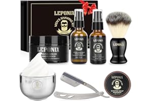 LEPONIX Shaving Kit for Men, Shaving Set of Sandalwood Shaving Cream, Mens After Shave Balm, Pre-Shave Oil,Shaving Brush and Bowl,Shaving Soap Gift Set for Men Boyfriend Stocking Fillers
