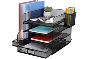 MUUKAIII per documenti A4,3 livelli di ripiani portadocumenti,1 organizer per minuteria e 1 portapenne,organizer con vani portaoggetti in rete da scrivania con portadocumenti per forniture per ufficio