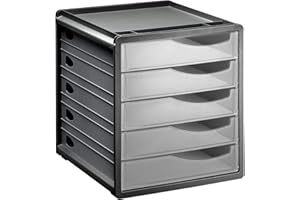 Rotho Spacemaker Cassettiera/Scatola da Ufficio con 5 Cassetti, Plastica (PS) senza BPA, Trasparente/Nero, 33.5 x 28.5 x 32.0 cm