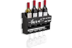 AOAOPQ Wine Rack with Stemware Hanger Glass Rack This is Us Sign Floating Shelf Wall Mounted Wine Rack Wood Wall Shelf for Kitchen Dinning Room Home Bar Living Room Black