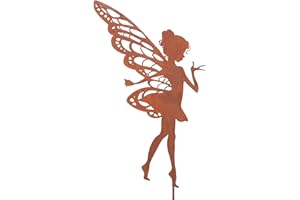 UNUS - Decorazione da giardino, motivo: fata, di medie dimensioni, con asta da inserire, effetto ruggine, decorazione per giardino, terrazza, balcone, vaso da fiori, in zinco