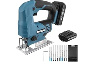 WESCO Cordless Jig Saw, 18V 2.0Ah Jigsaw with Li-ion Battery, LED Light, 2400SPM, Variable Speed, 24mm Stroke Length, 10Pcs Blades, Angled Cut ± 45 °, Tool-Free Blade Change and Fast Charger