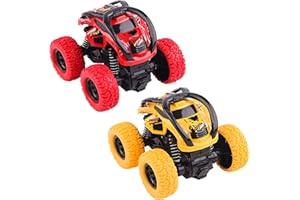 TIKPLUS Toys Cars for 2+ Year Old Boys, 2 Pack Pull Back Cars Monster Trucks, 360 Degree Rotation Push and Go Vehicle, Inertia Car Racing Game Toys Gift for 3 4 5 6 Toddler, Red and Yellow