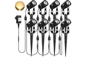 SanGlory Set de 8 Luci da Giardino 3W 12V, 8 * 3W Faretti da Giardino Fari LED Esterno Bianco Caldo 3000K, 2880LM Lampade LED da Esterno IP65, Fari da Esterno con Picchetto (8 in 1 Faretti)
