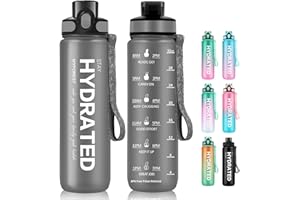 MyForest Sportowa butelka na wodę, szczelna, 1000 ml, motywująca butelka na napoje, ze słomką i szczelną pokrywą z klapką, butelka na wędrówki, do fitnessu, uprawiania sportu na świeżym powietrzu, 1 l