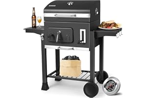 Barbecue Charbon de Bois, Chariot à Barbecue XXL, Grand Grill XXL à Charbon avec Couvercle, Roues et Thermomètre, Réglable en Hauteur, Barbecue Fumoir, Noir