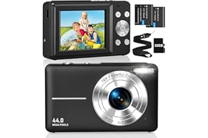 CAMKORY Appareil Photo Numérique Compact 1080P FHD 44MP avec Carte 32G Appareil Photo Enfant Zoom Numérique 16x Stabilisation Image 2 Batterie Rechargeable Appareils Photo Numériques pour Débutant